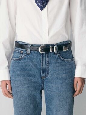 Aritzia Black Leather Belt with Silver Hardware